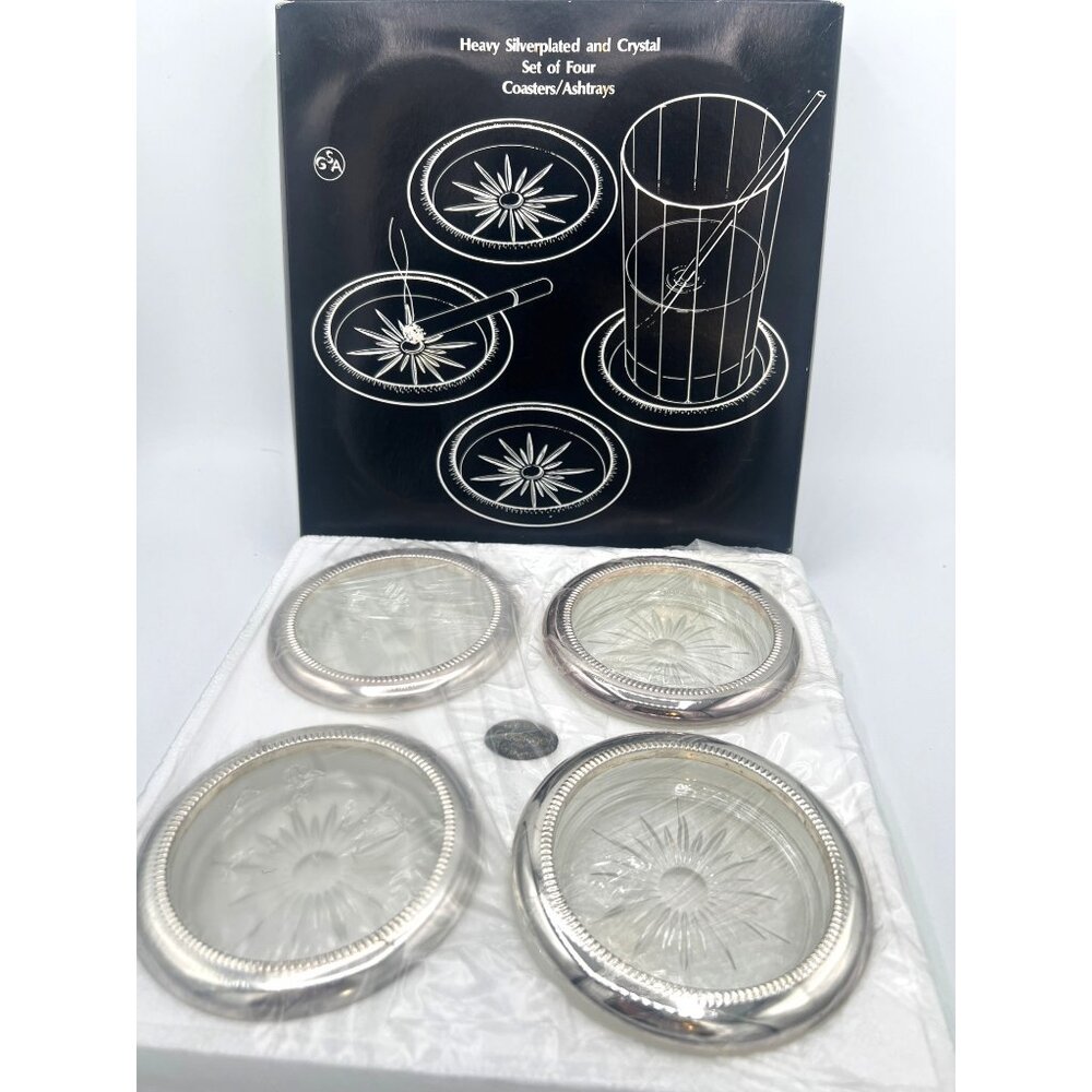 Ashtray Coaster MCM Godinger Silver Art Co #1578 Silverplated Crystal‎ 8 Piece